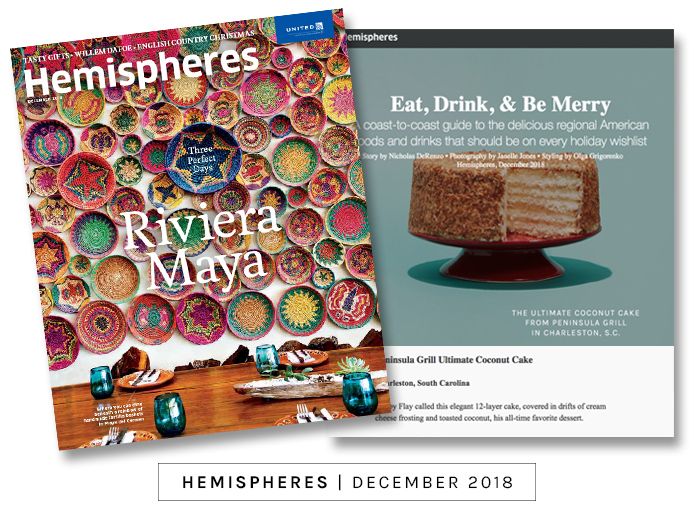 Hemispheres magazine holiday gift guide featuring the Ultimate Coconut Cake mail order cake