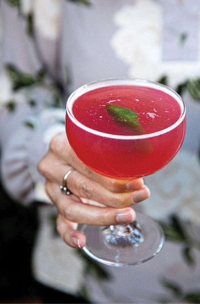 A colorful cocktail with a mint leaf