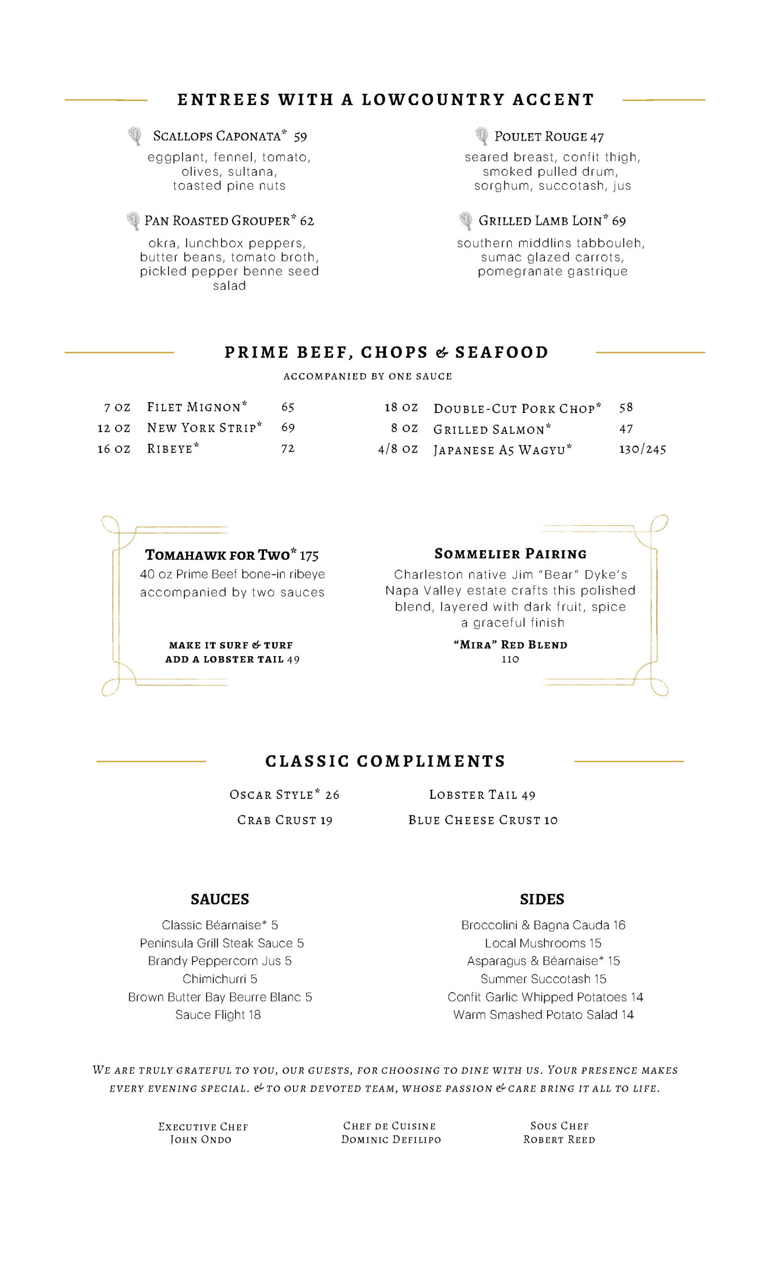 Peninsula Grill Summer 2026 Dinner Menu - Page 1